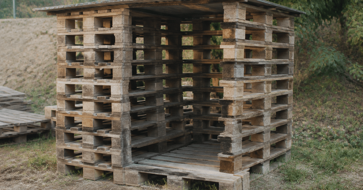 Palettes en bois empilees verticalement formant structure abri