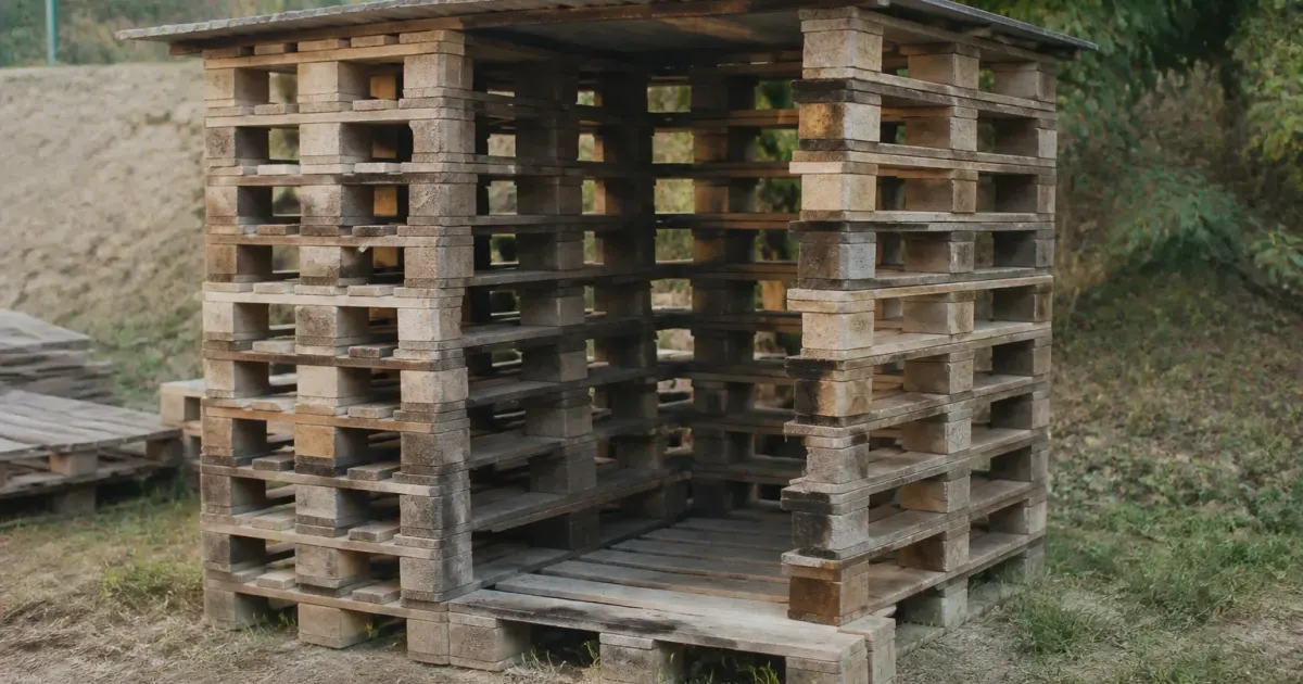 Palettes en bois empilees verticalement formant structure abri