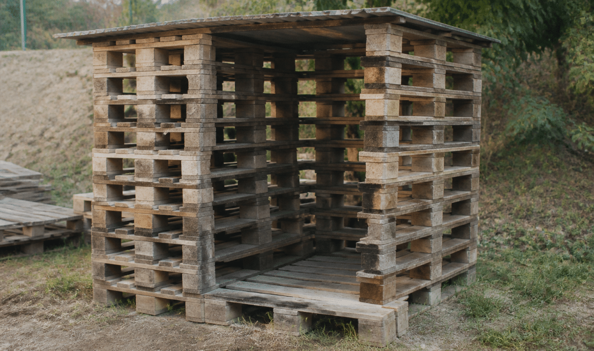 Palettes en bois empilees verticalement formant structure abri