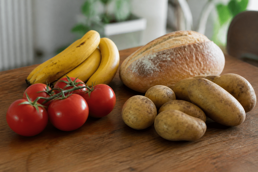 Tomates, bananes, pain et pommes de terre sur table