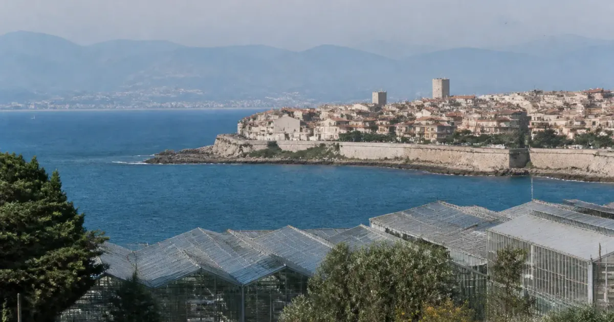 Vue aerienne de la ville cotiere d'Antibes avec ses immeubles serres