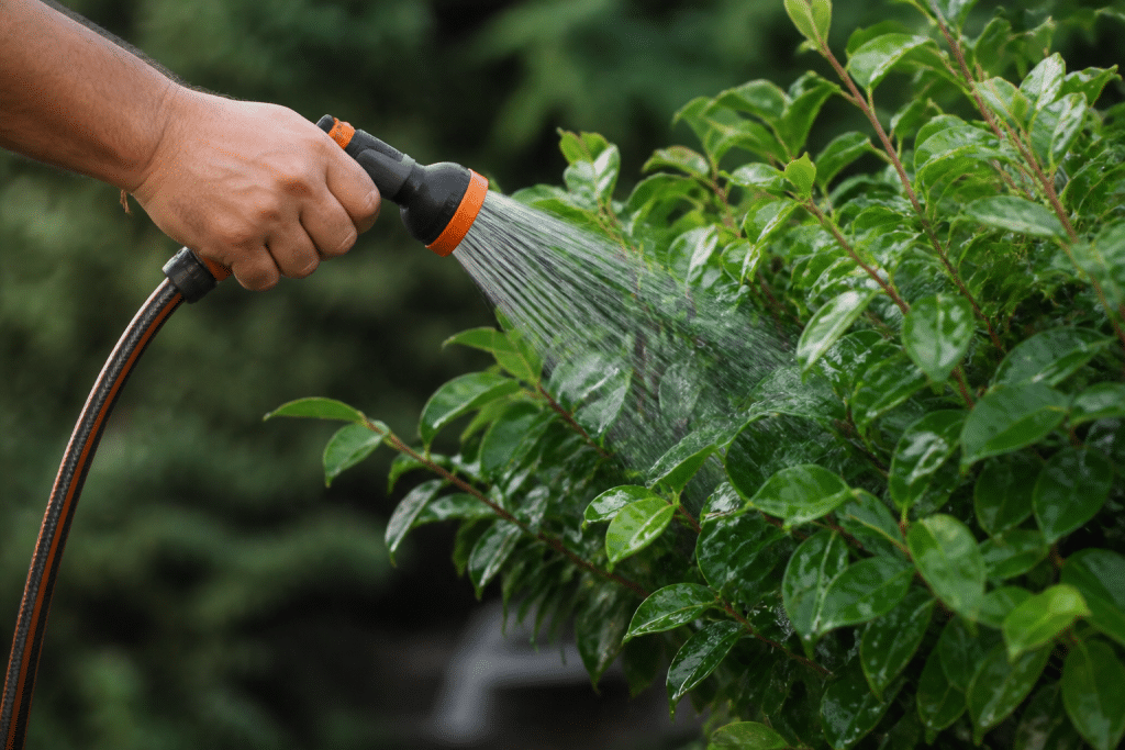 Main versant eau sur arbuste aux feuilles vertes luxuriantes