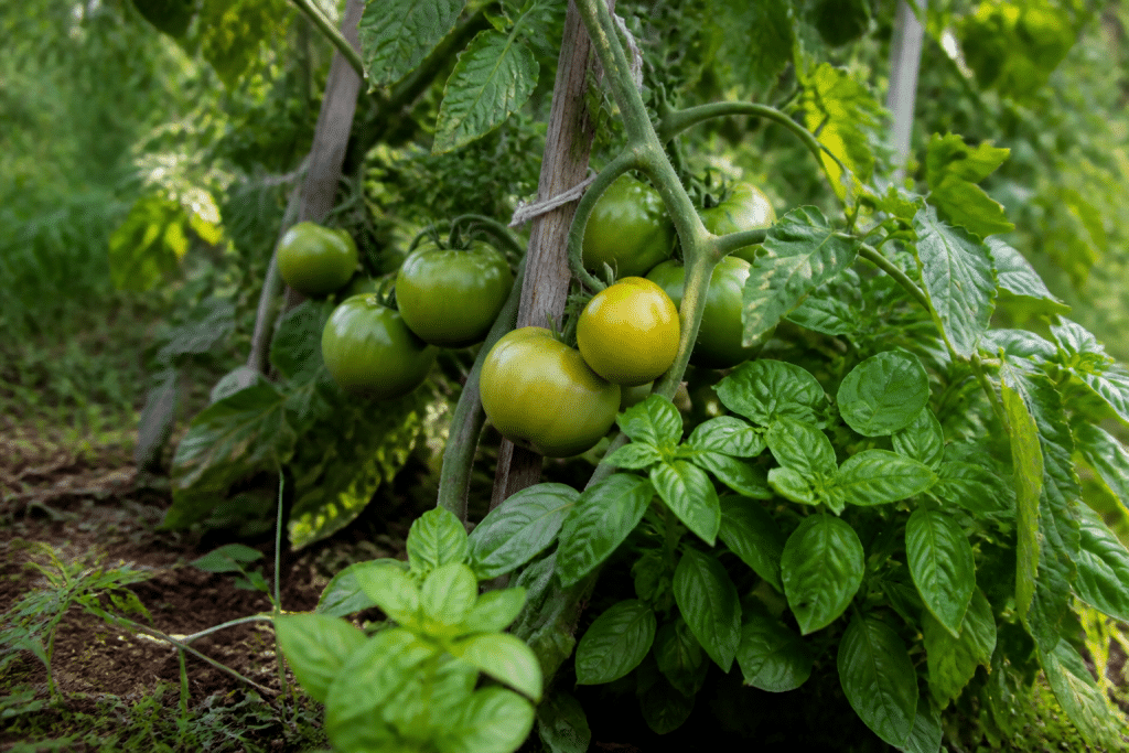 Plants de tomate avec basilic vert au pied du jardin