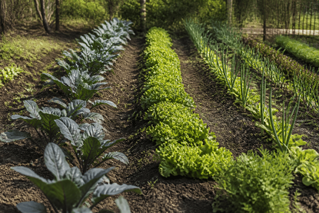Jardin potager avec rangees de legumes verts et bruns