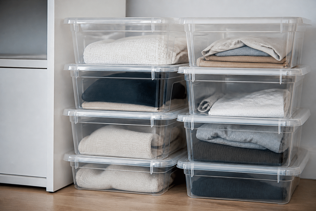 Boites transparentes empilees avec etiquettes blanches organisees