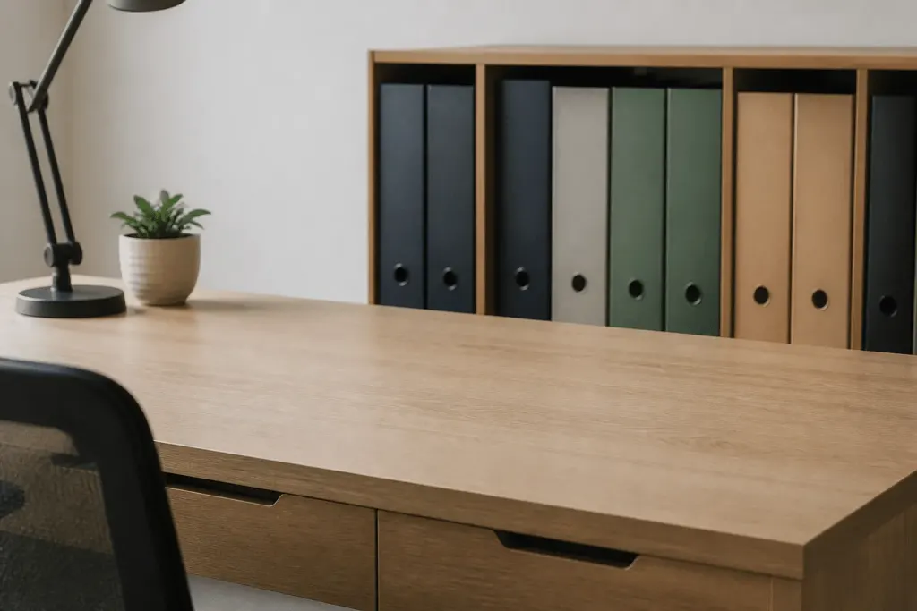 Bureau organise avec dossiers tries et plan de travail degage