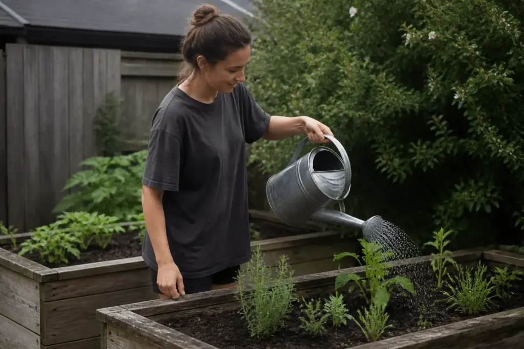 Main holding watering can above raised wooden garden bed