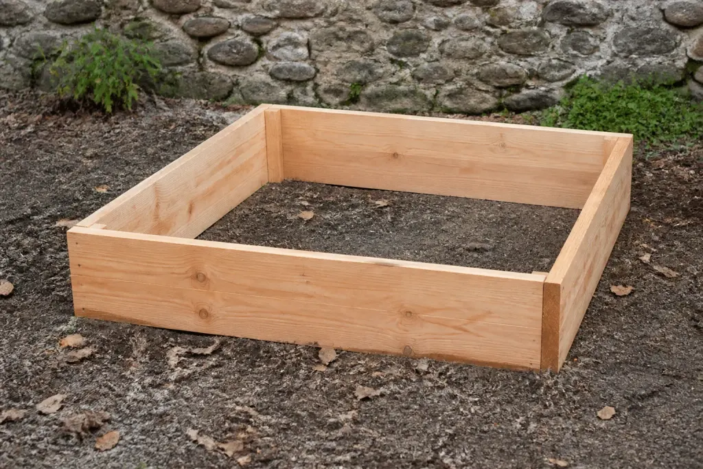 Planches bois douglas assemblees formant carre potager