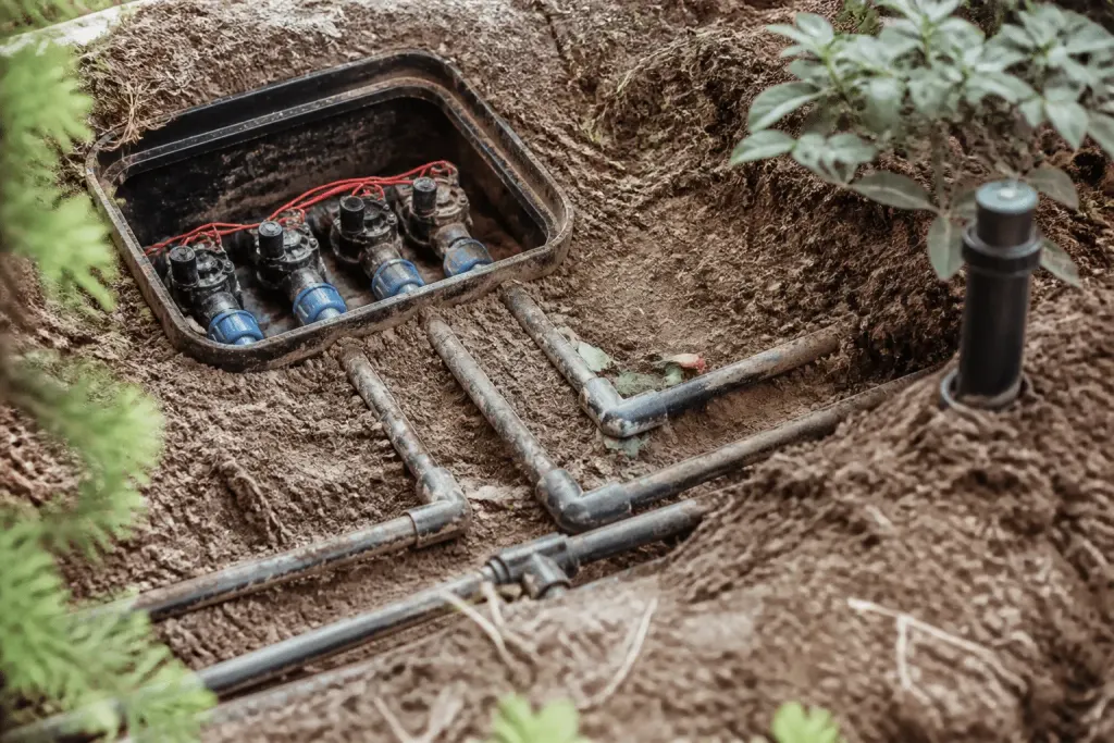 Composants irrigation avec tuyaux, vannes et asperseurs escamotables