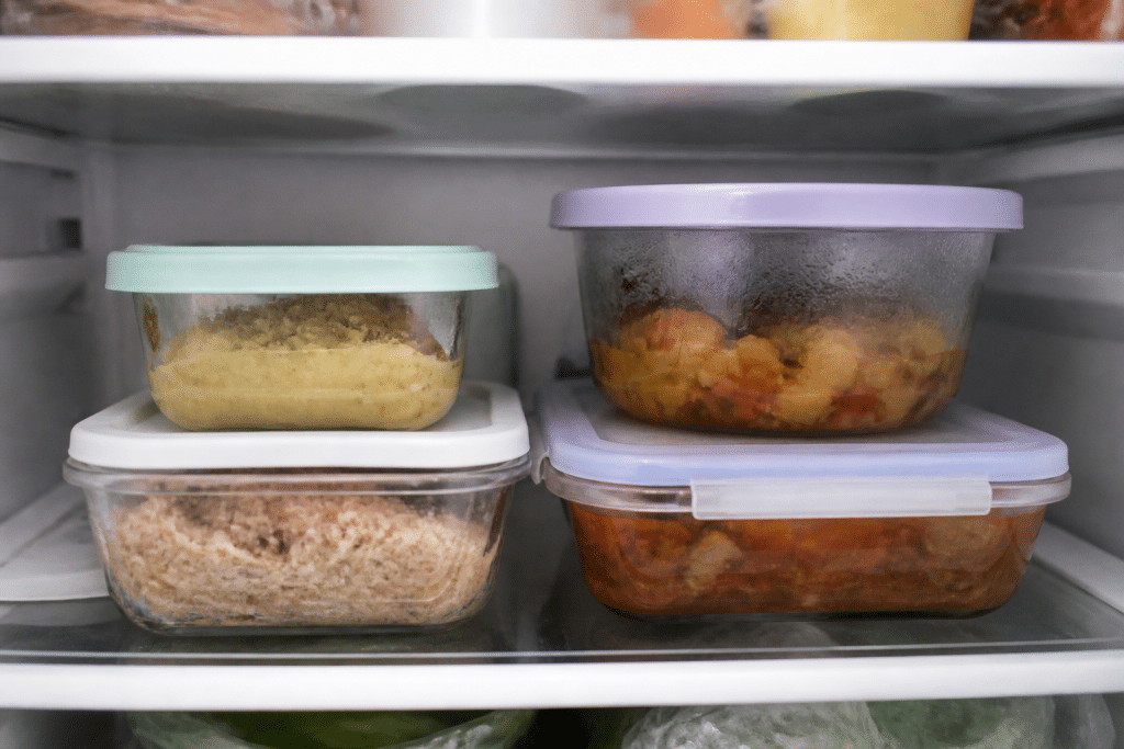Boites hermétiques remplies de restes alimentaires sur étagère réfrigérée