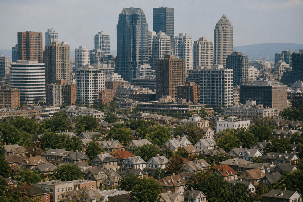 Immeubles denses centre-ville avec quartiers résidentiels alentour