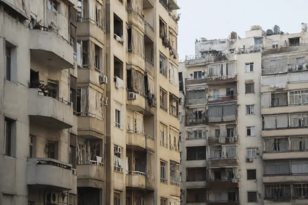 Immeubles collectifs densément construits dans quartier urbain compact