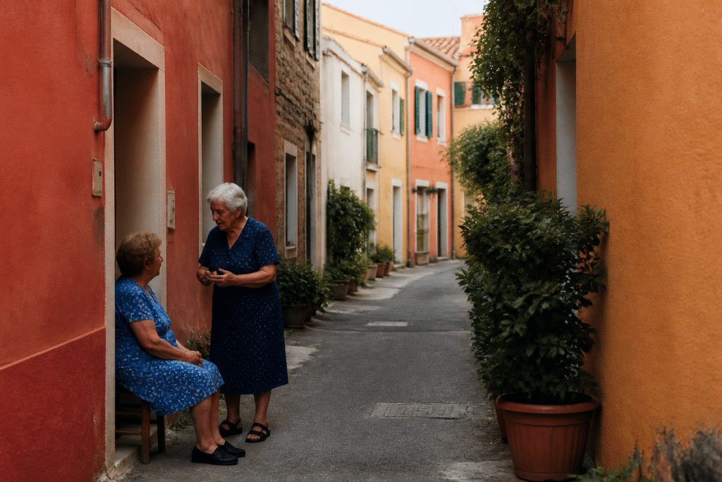 Petite rue tranquille avec façades colorées et habitants discutant