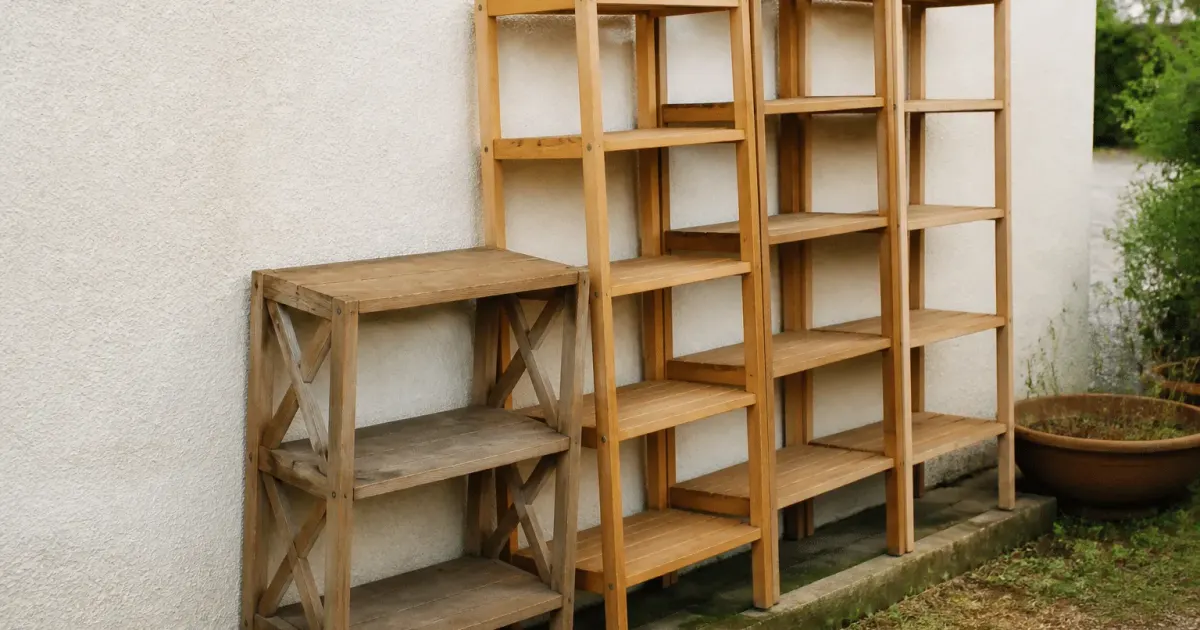 Etageres bois empilees contre mur exterieur maison