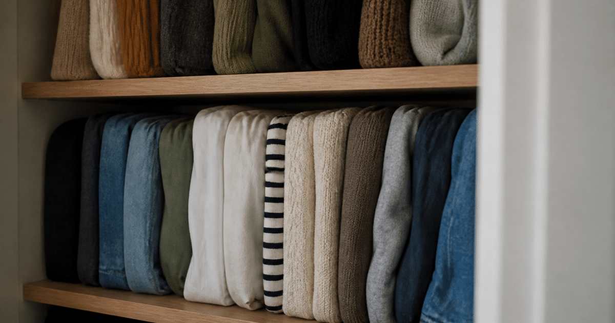 Etageres de placard remplies de vetements plies et arranges verticalement