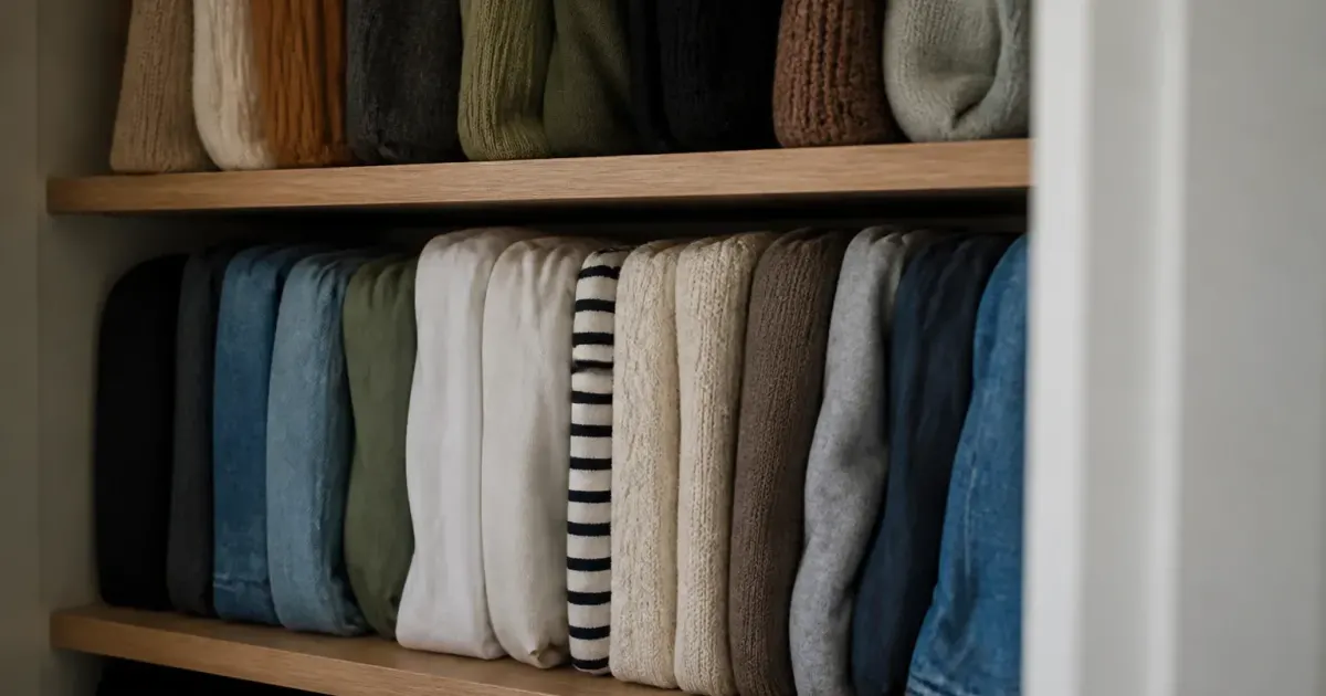 Etageres de placard remplies de vetements plies et arranges verticalement