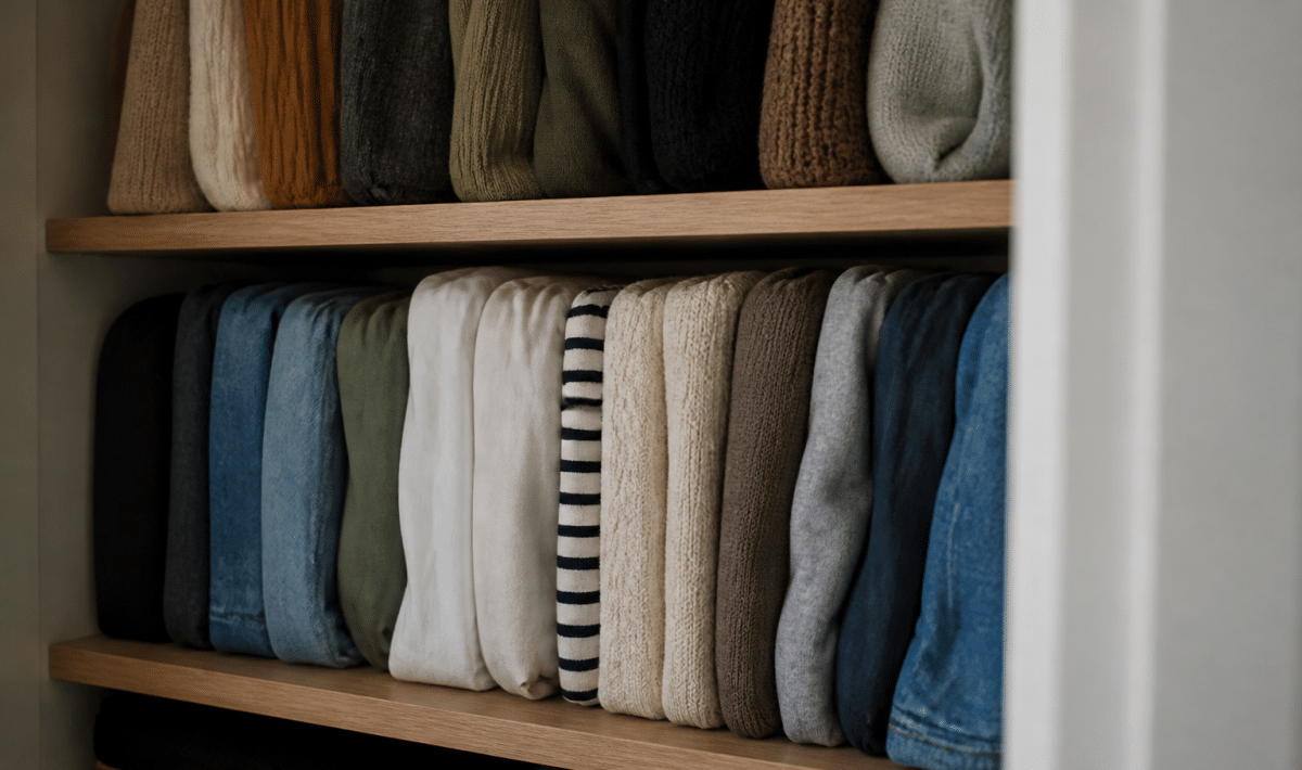 Etageres de placard remplies de vetements plies et arranges verticalement
