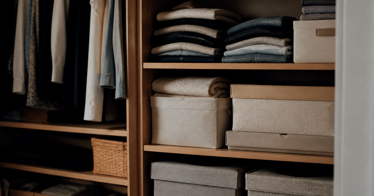 Etageres organisees avec vetements plies et boites rangement empilees