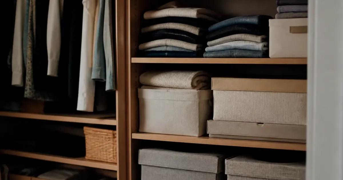 Etageres organisees avec vetements plies et boites rangement empilees