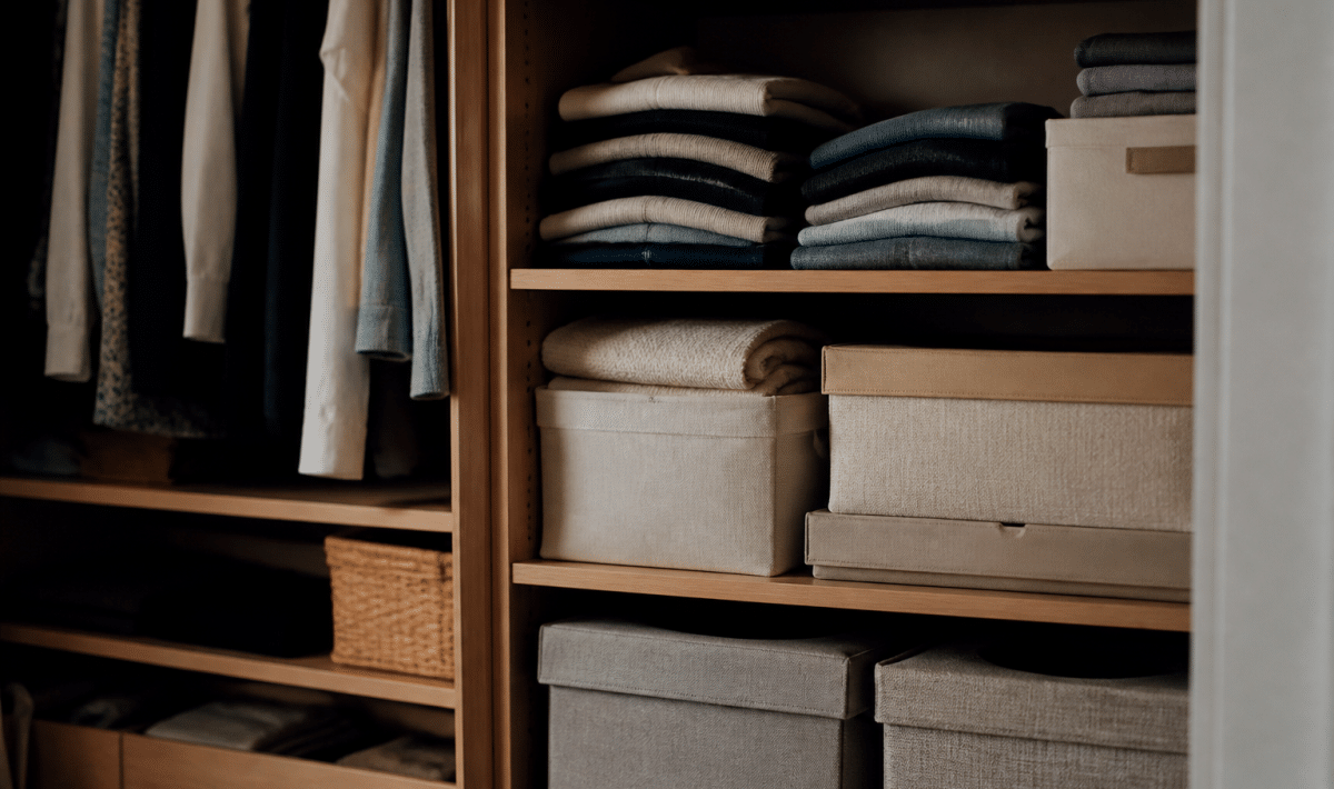 Etageres organisees avec vetements plies et boites rangement empilees