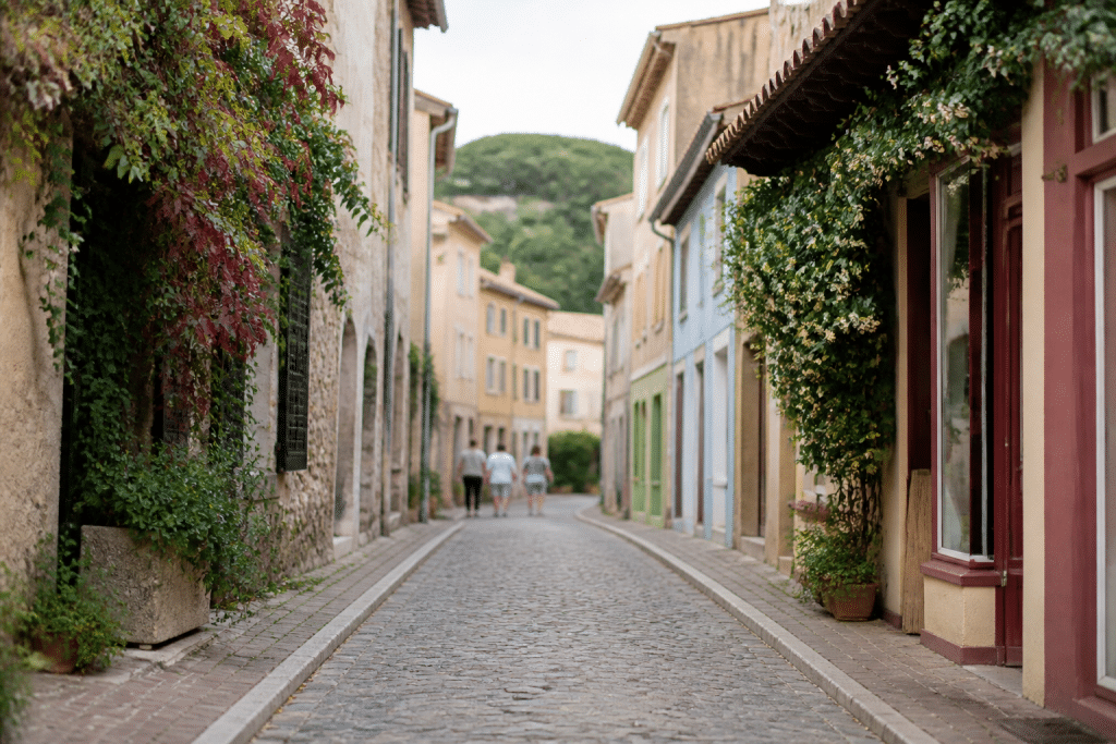 Facades anciennes et rues pietonnes avec boutiques colorees