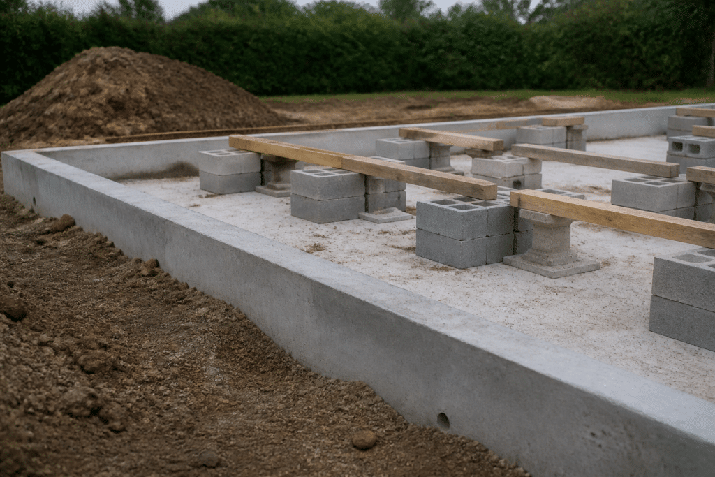 Fondation beton avec plots et parpaings niveles au sol