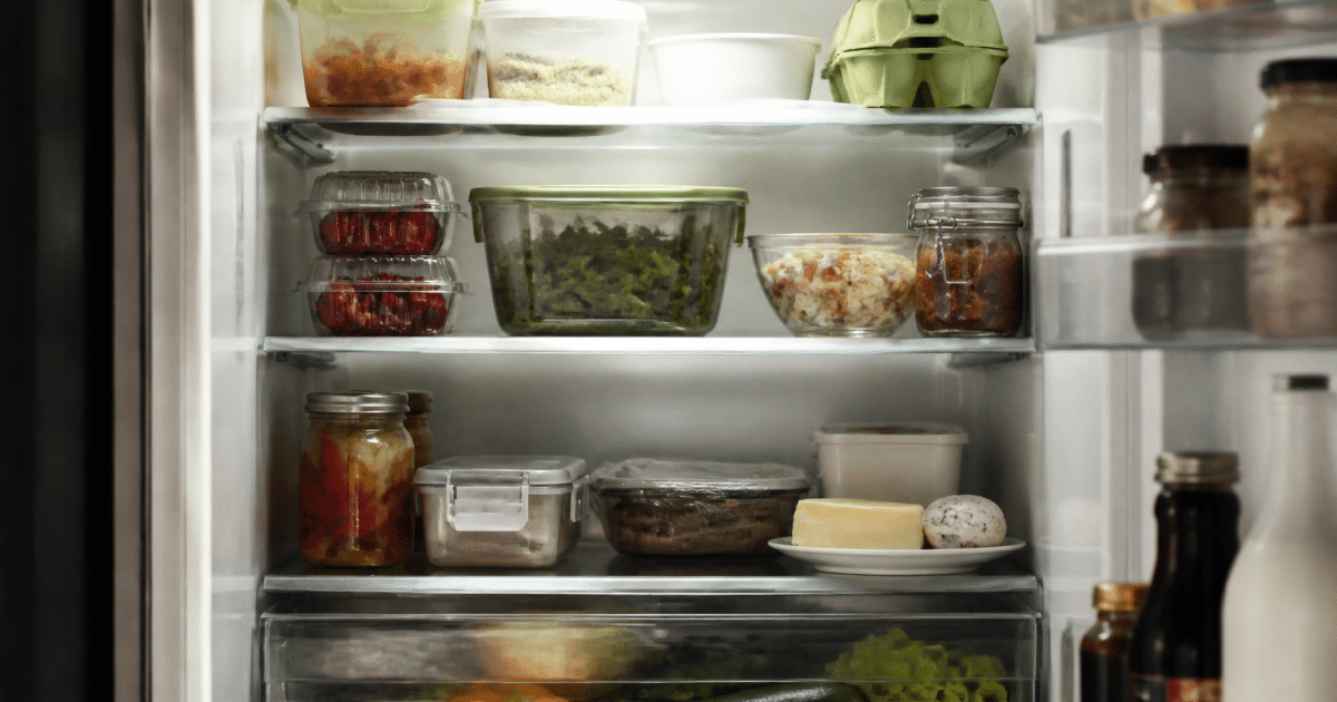 Interieur refrigerateur organise avec aliments ranges sur etageres