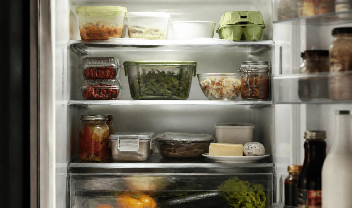 Interieur refrigerateur organise avec aliments ranges sur etageres