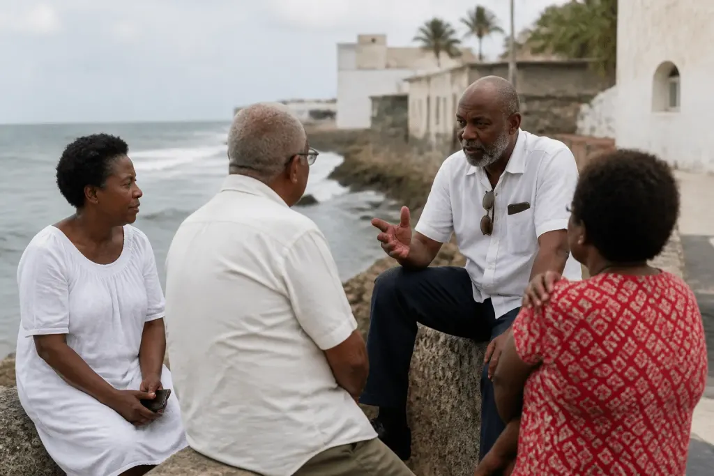 Groupe residents discussing town life near coastal buildings