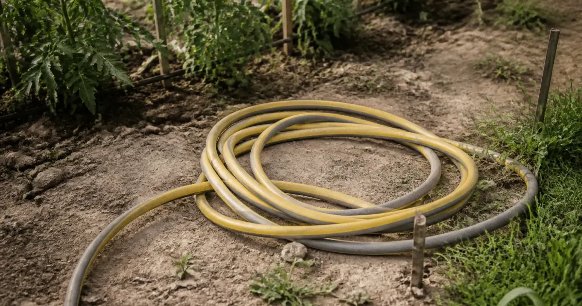 Tuyaux d'arrosage disposes au sol dans un jardin potager