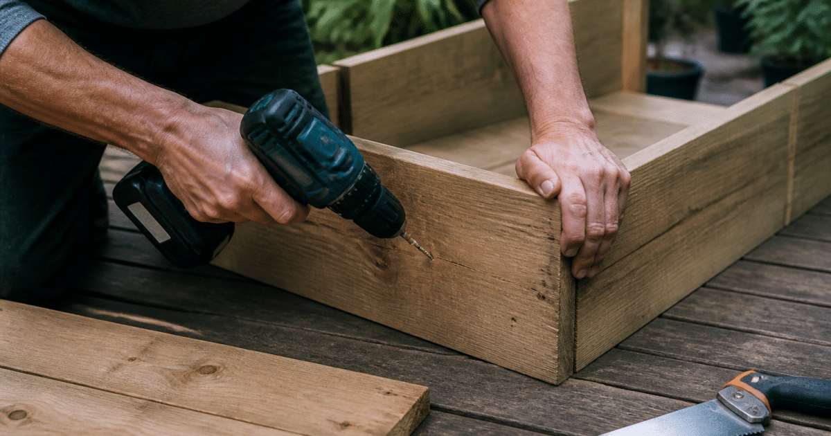 Mains assemblant planches bois avec outils pour bac plantes
