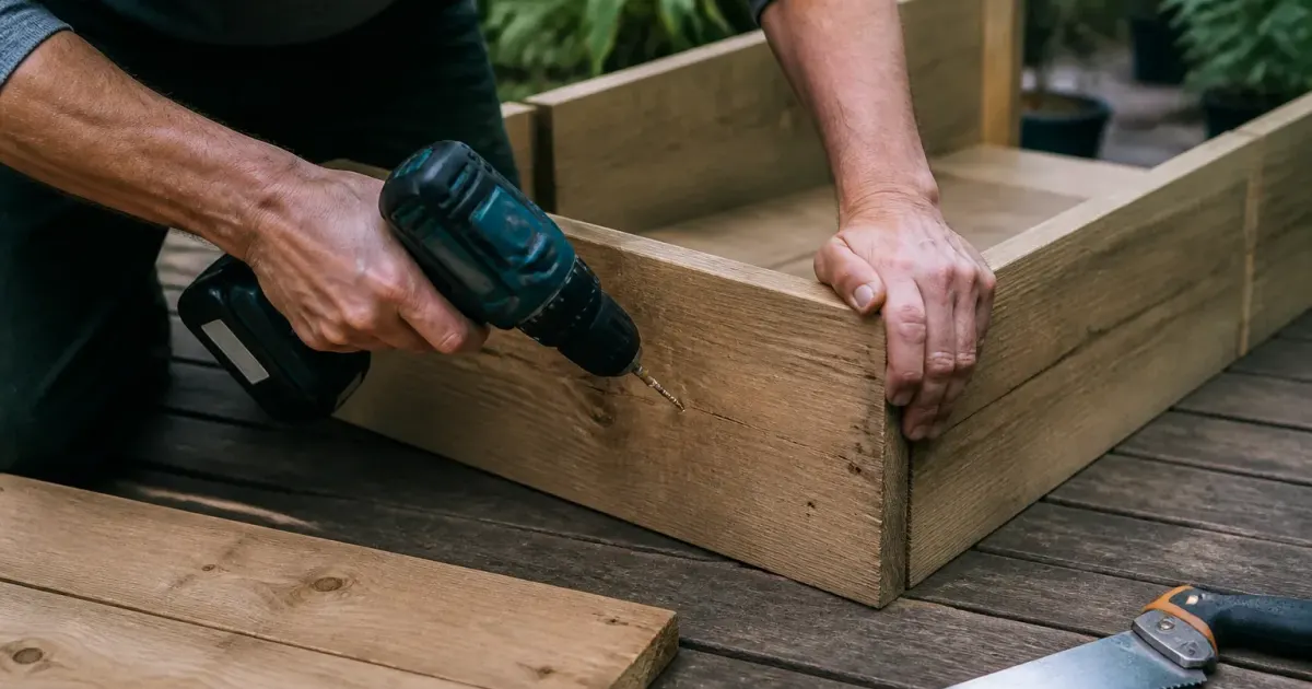 Mains assemblant planches bois avec outils pour bac plantes
