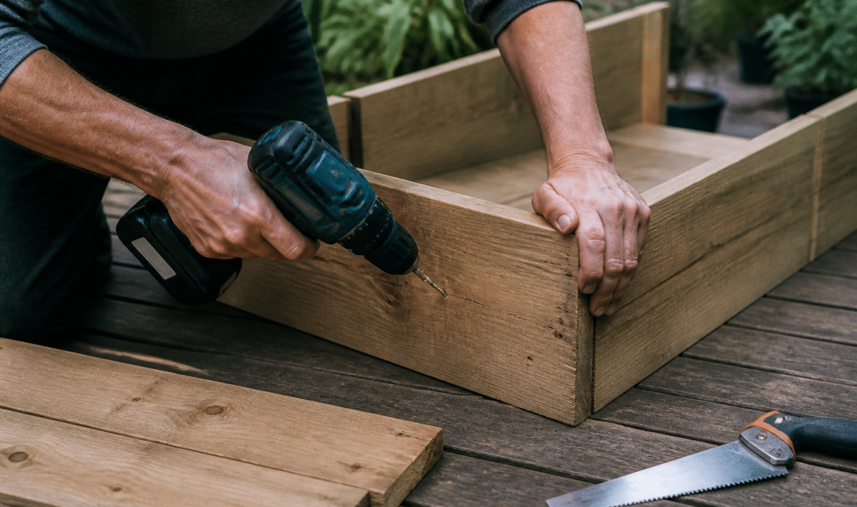 Mains assemblant planches bois avec outils pour bac plantes