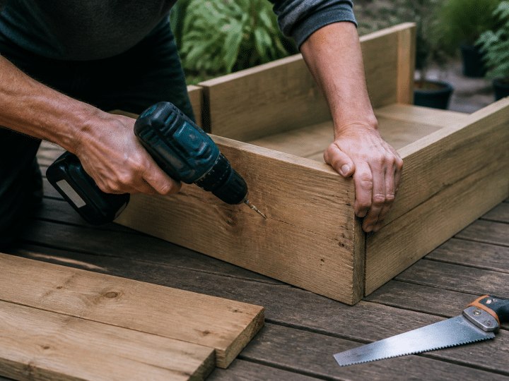 Mains assemblant planches bois avec outils pour bac plantes