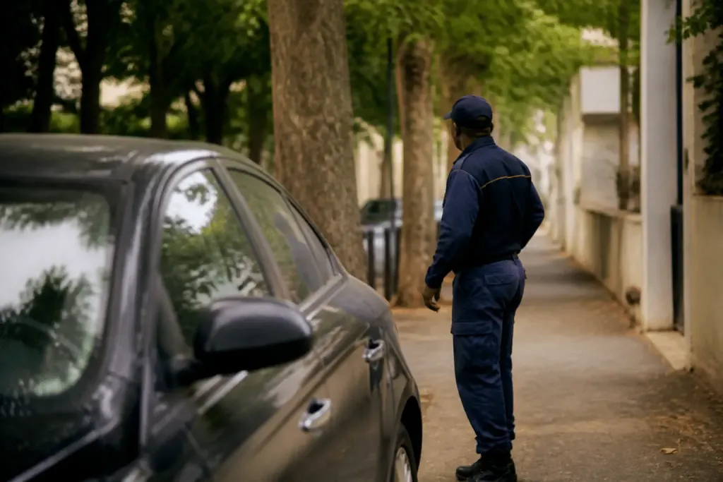 Rue paisible avec voiture stationnee et agent securite