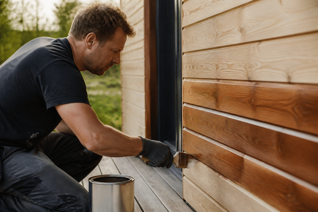 Applicateur versant lasure transparente sur bois brut