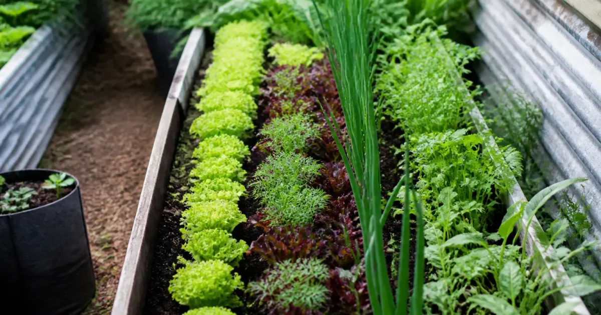 Rangees de legumes cultives dans lit sureleve etroit
