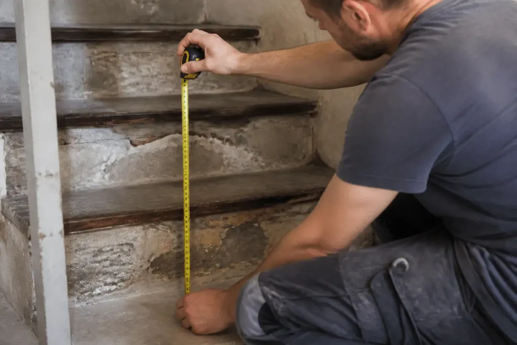 Mesure d'escalier avec ruban métrique sur marches irregulières