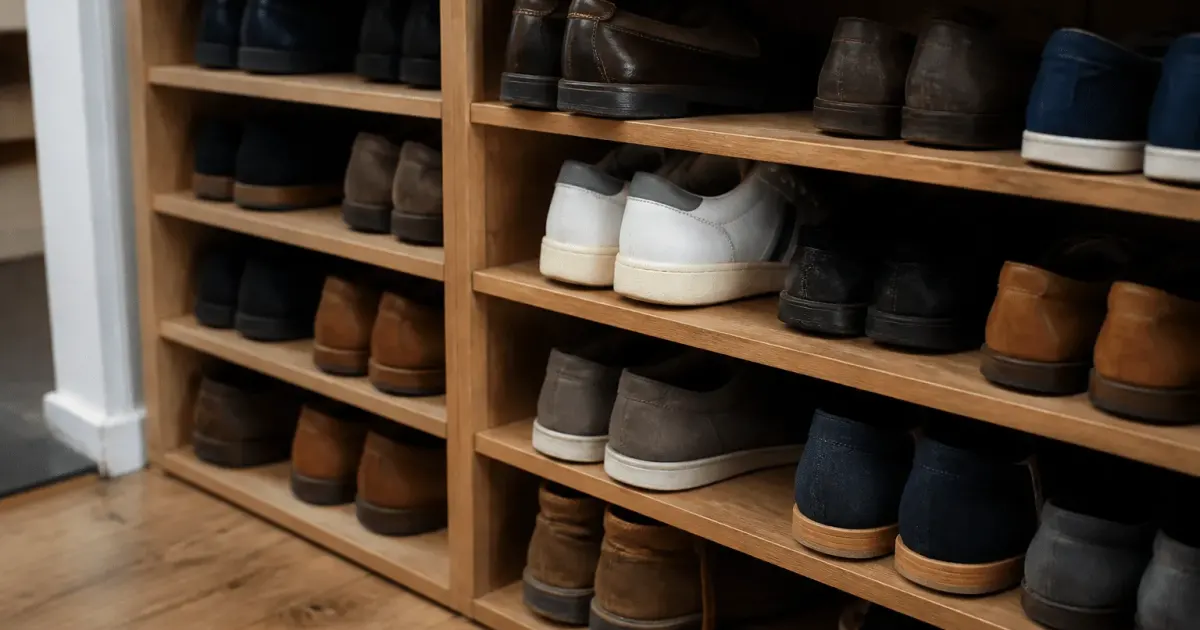 Meuble bois avec plusieurs casiers horizontaux stockant paires chaussures