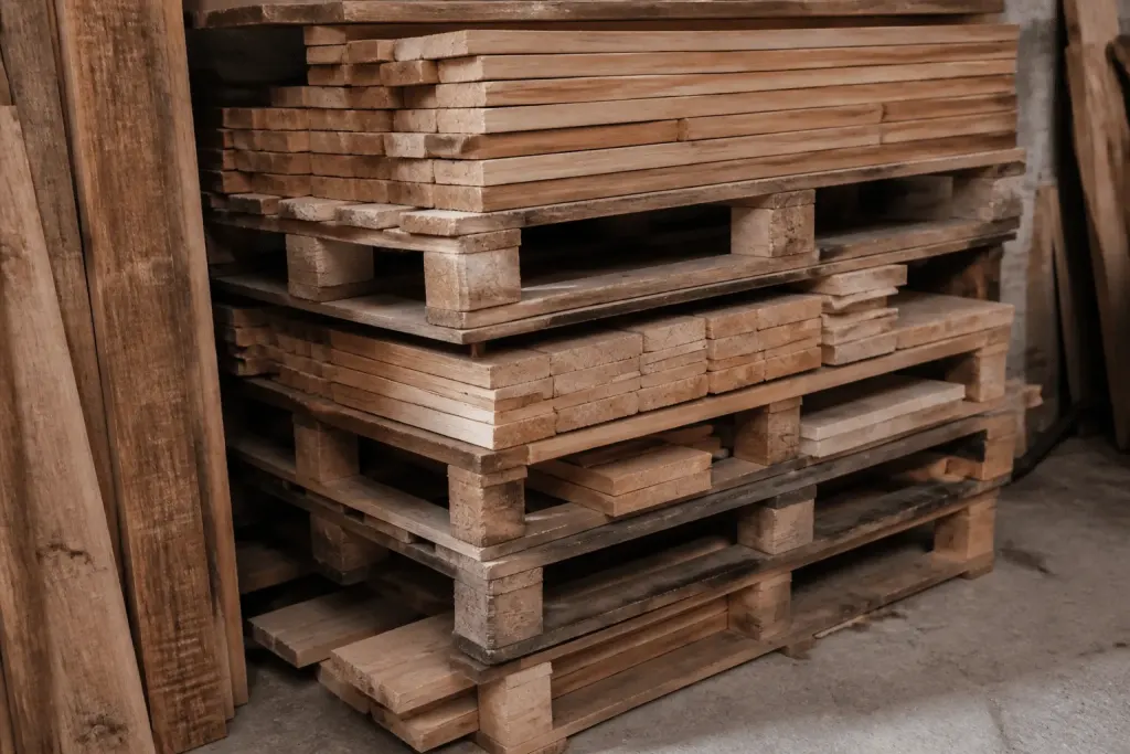 Palettes bois brut et tasseaux empiles formation etageres