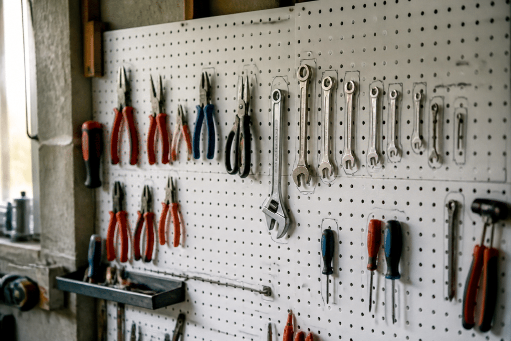 Panneau perforé avec outils rangés et contours tracés au feutre.