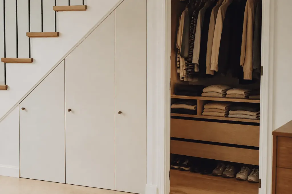 Placard sous escalier et dressing avec vetements organises