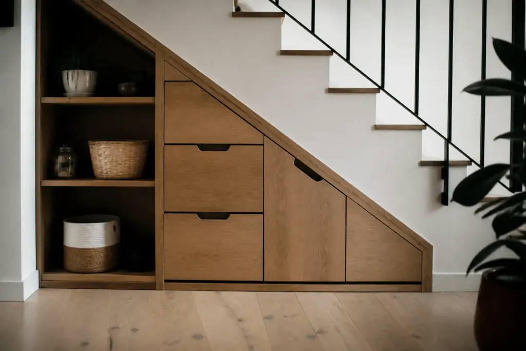 Placard sous escalier avec tiroirs et etageres en bois massif