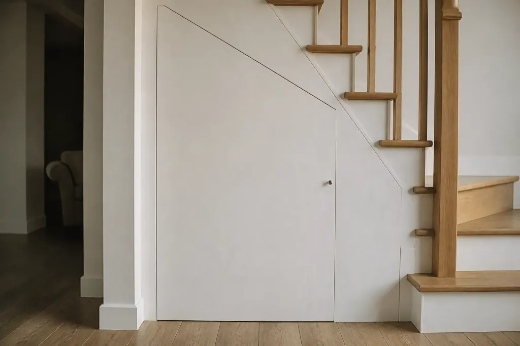 Placard bois blanc sous escalier avec porte fermee outils