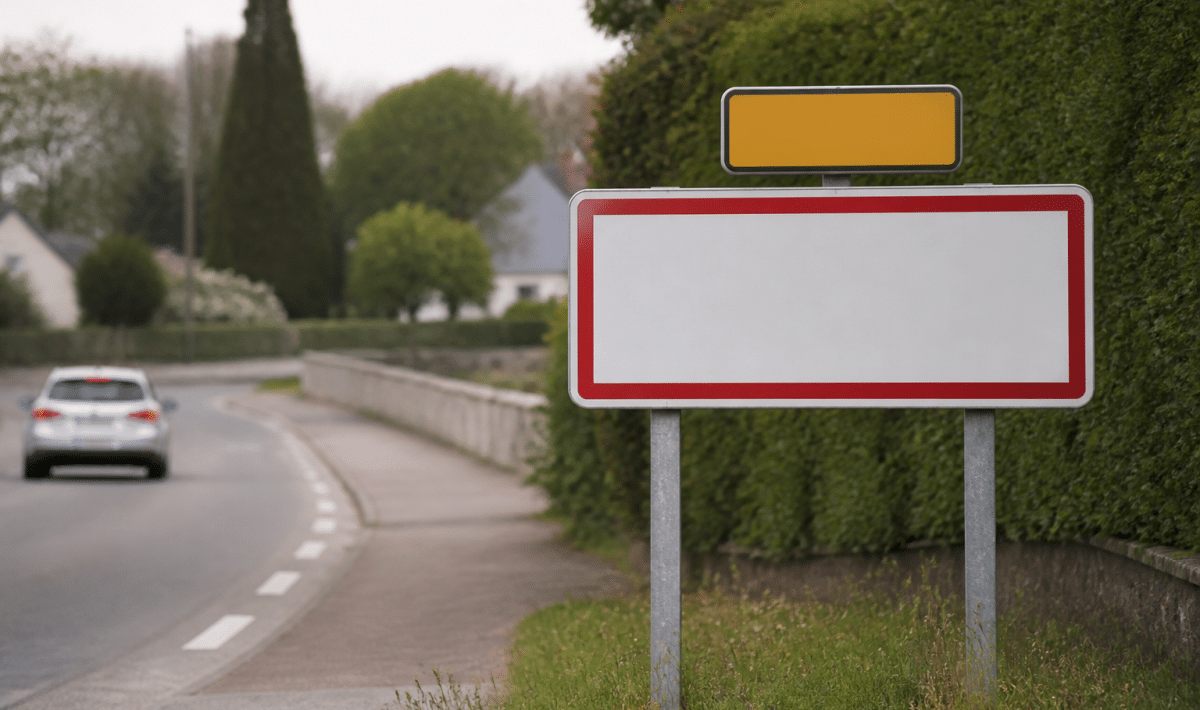 Panneau routier affichant la population totale de Bourg-Blanc en chiffres noirs