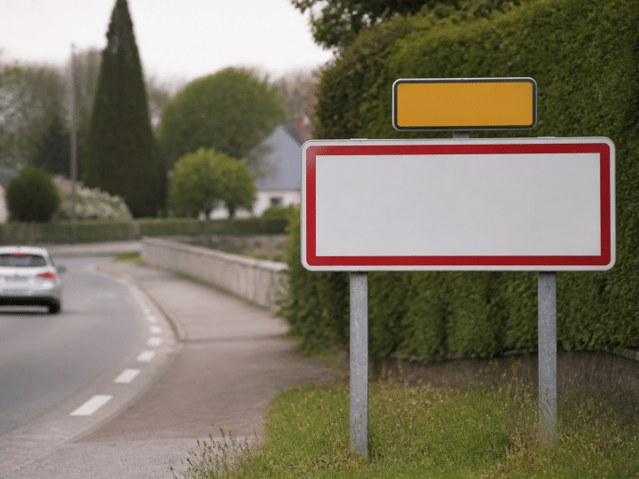 Panneau routier affichant la population totale de Bourg-Blanc en chiffres noirs