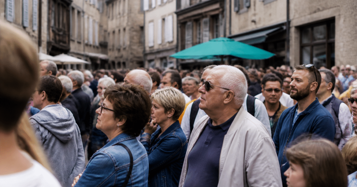 Foule de residents debout dans rue principale de Rodez