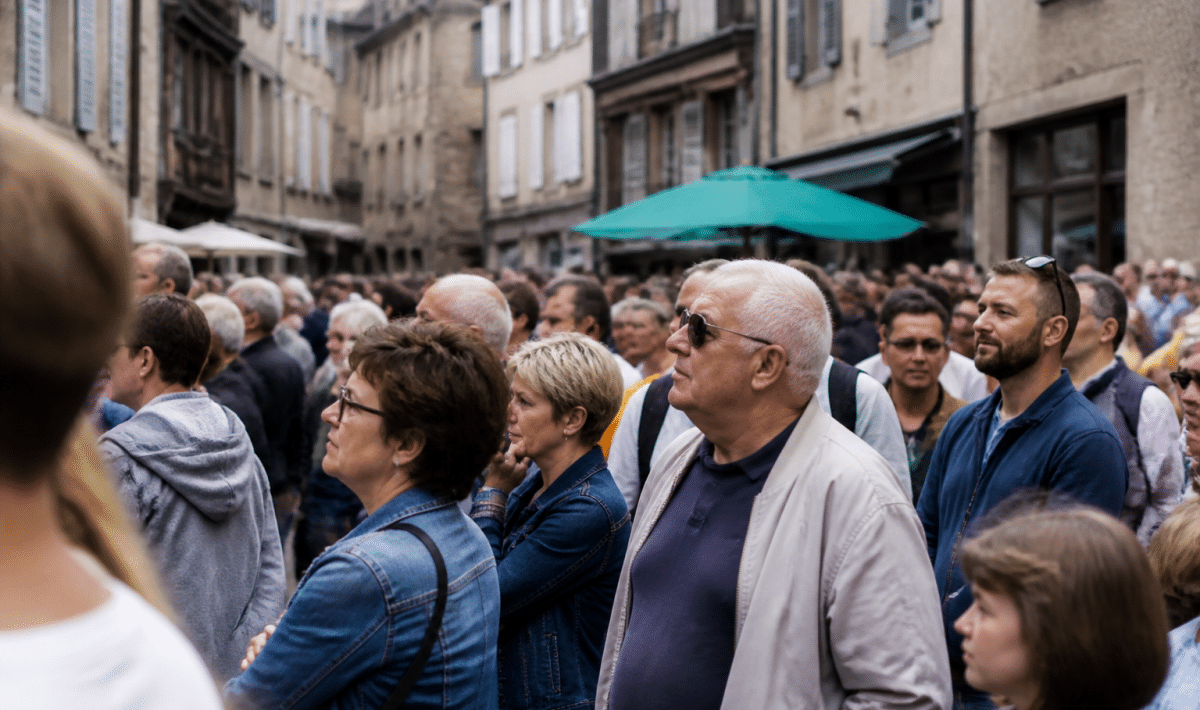 Foule de residents debout dans rue principale de Rodez