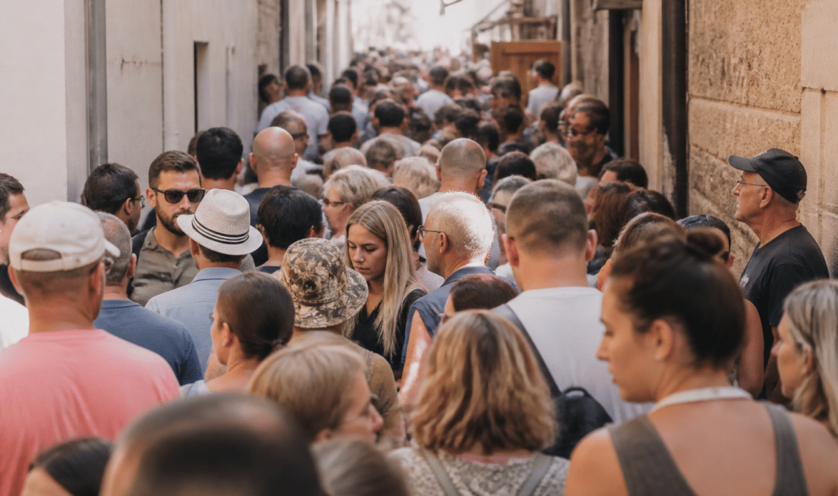 Foule dense de personnes debout dans rue étroite ville côtière