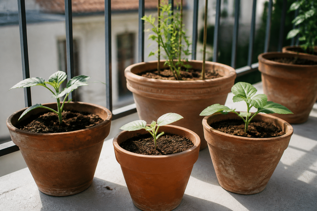 Jeunes plants espaces dans pots sur balcon ensoleille